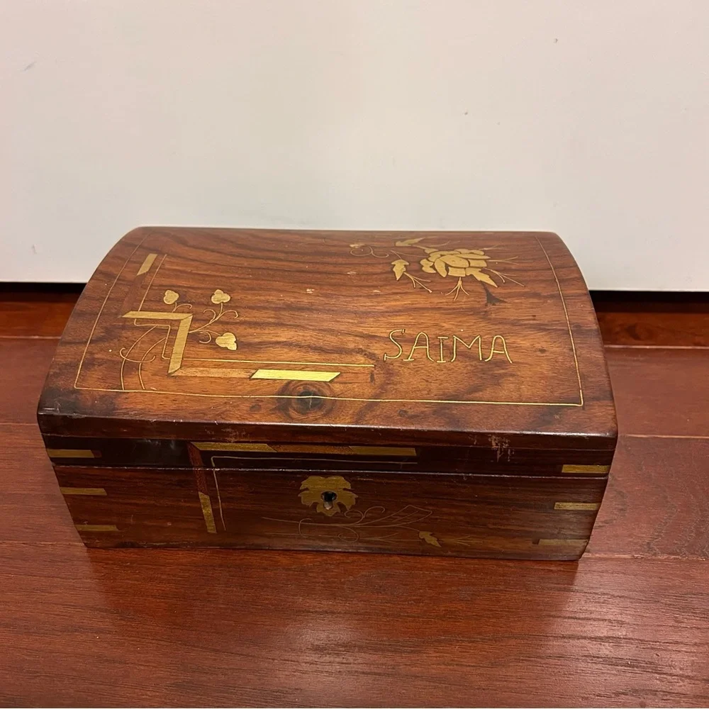 Vintage Rosewood Brass Inlay Divided Jewelry Box SAIMA Blue Velvet 2 Tiers
